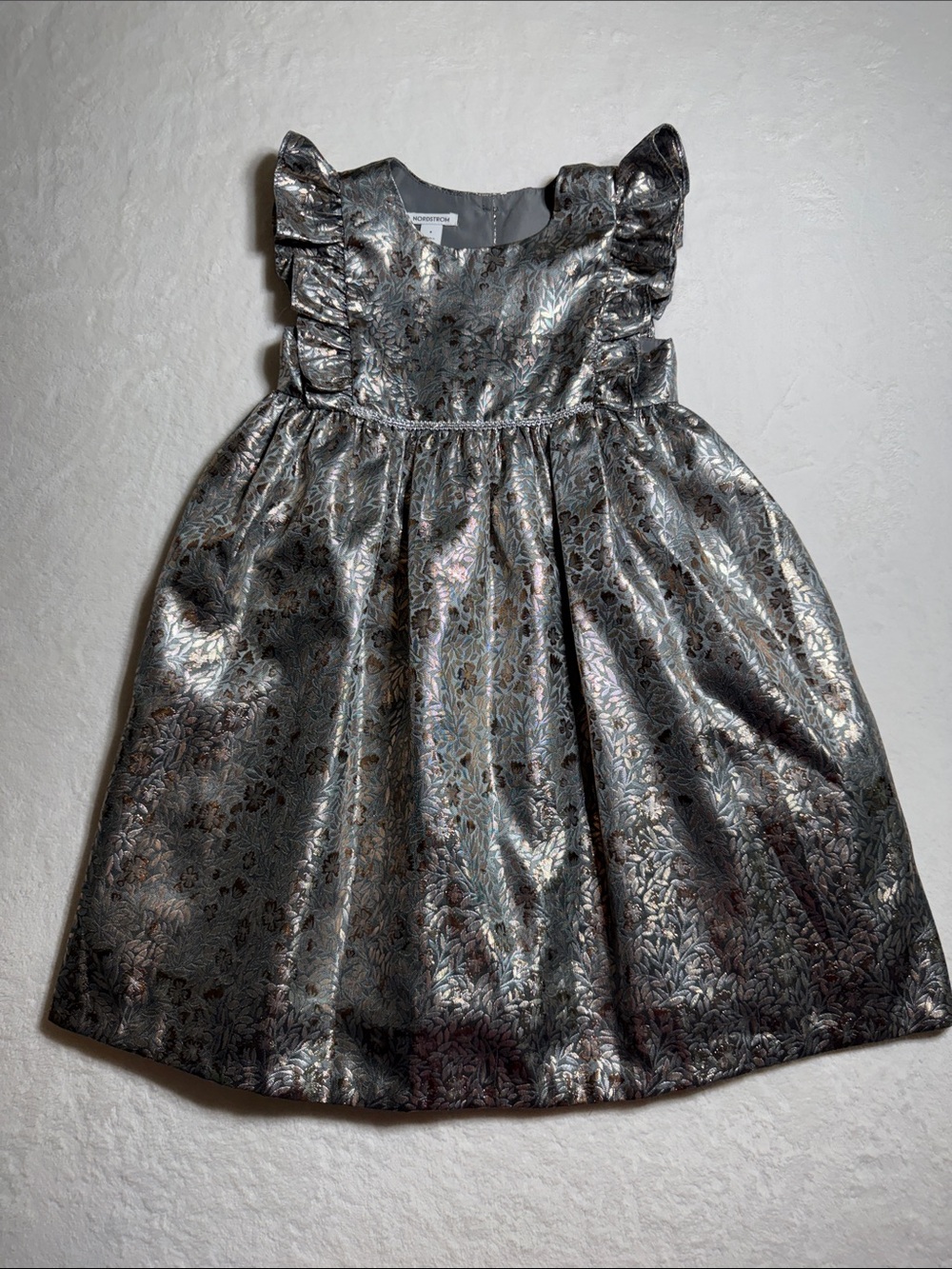 Nordstrom Metallic Floral Ruffle-Trim Party Dress - Silver